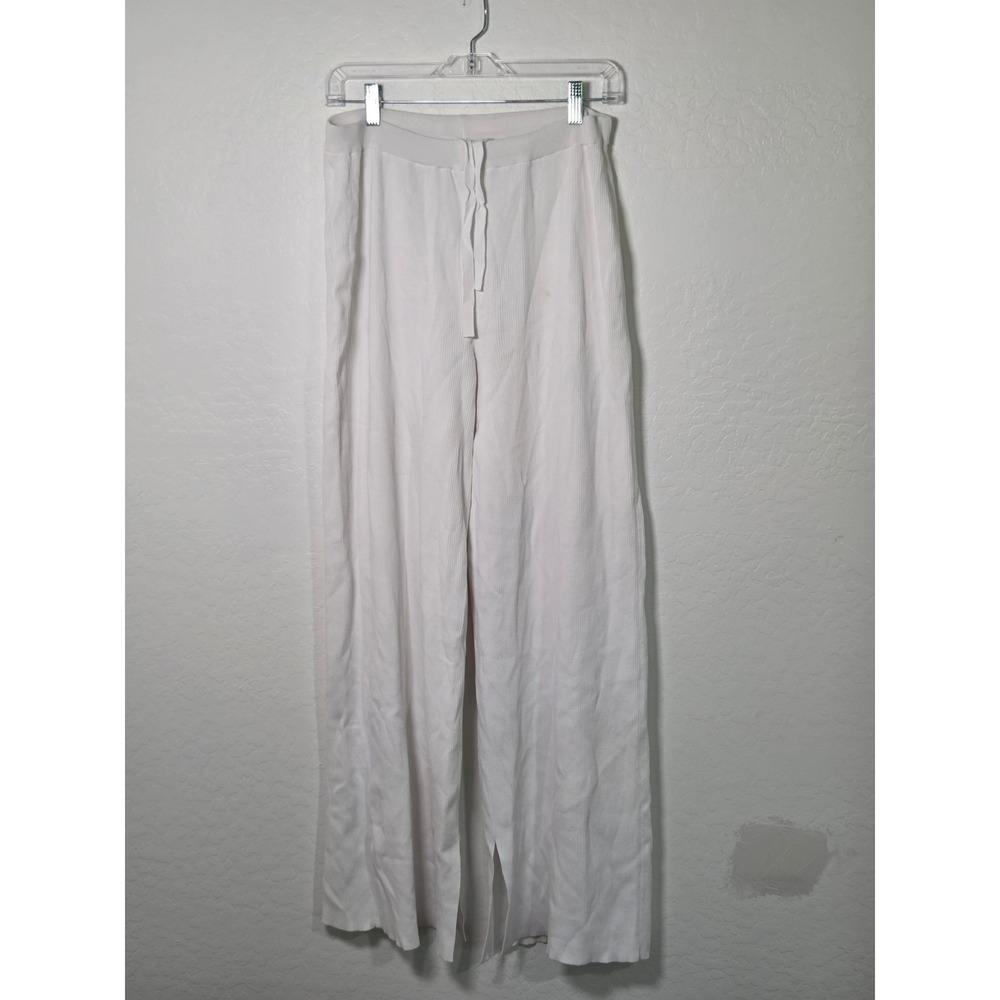 Legoe Heritage White Ribbed Knit Wide Leg Drawstring Pants Women Size 2 L/H - Picture 2 of 5